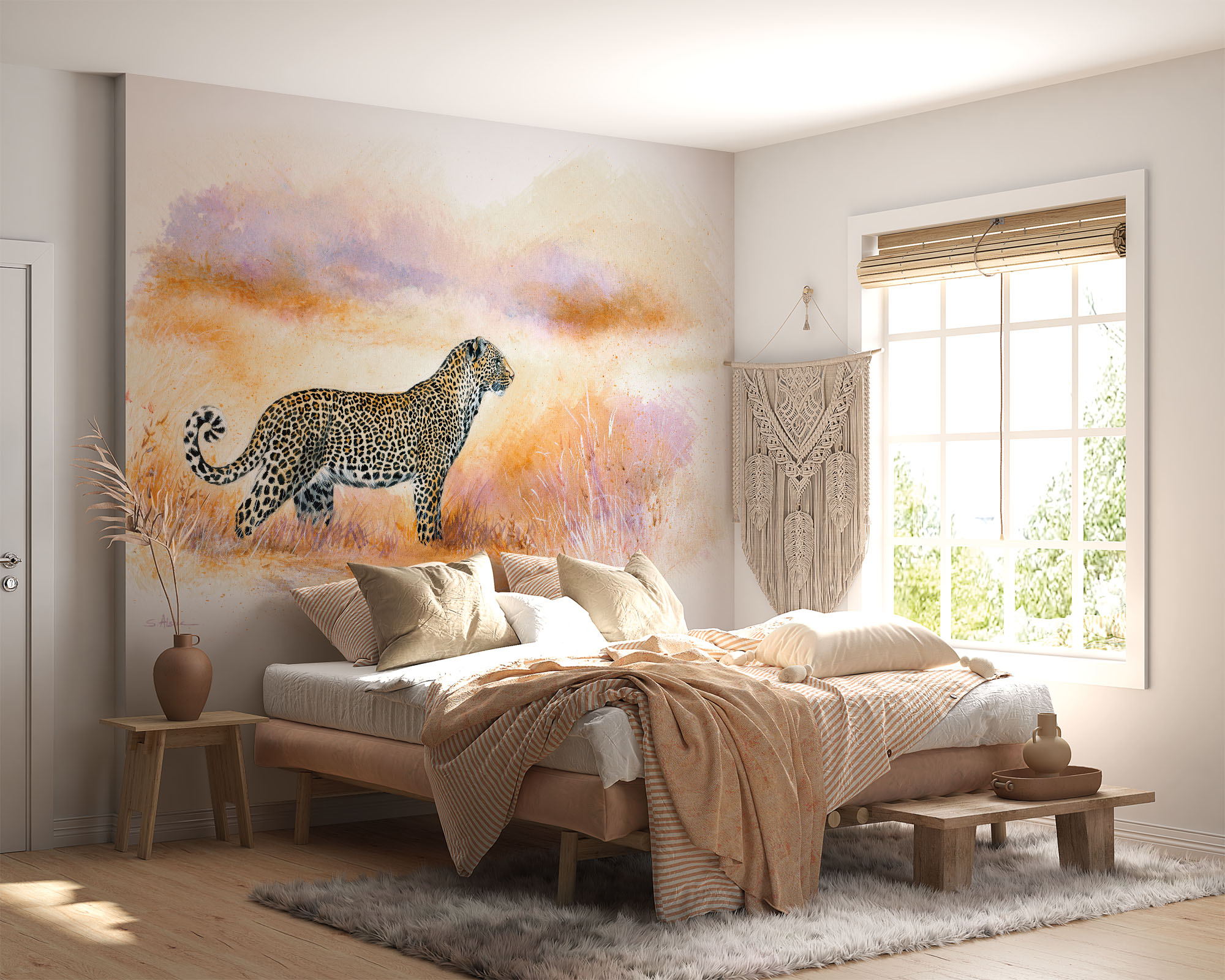 deco-murale-papier-peint-panoramique-animaux-afrique-leopard-panthere-pastel