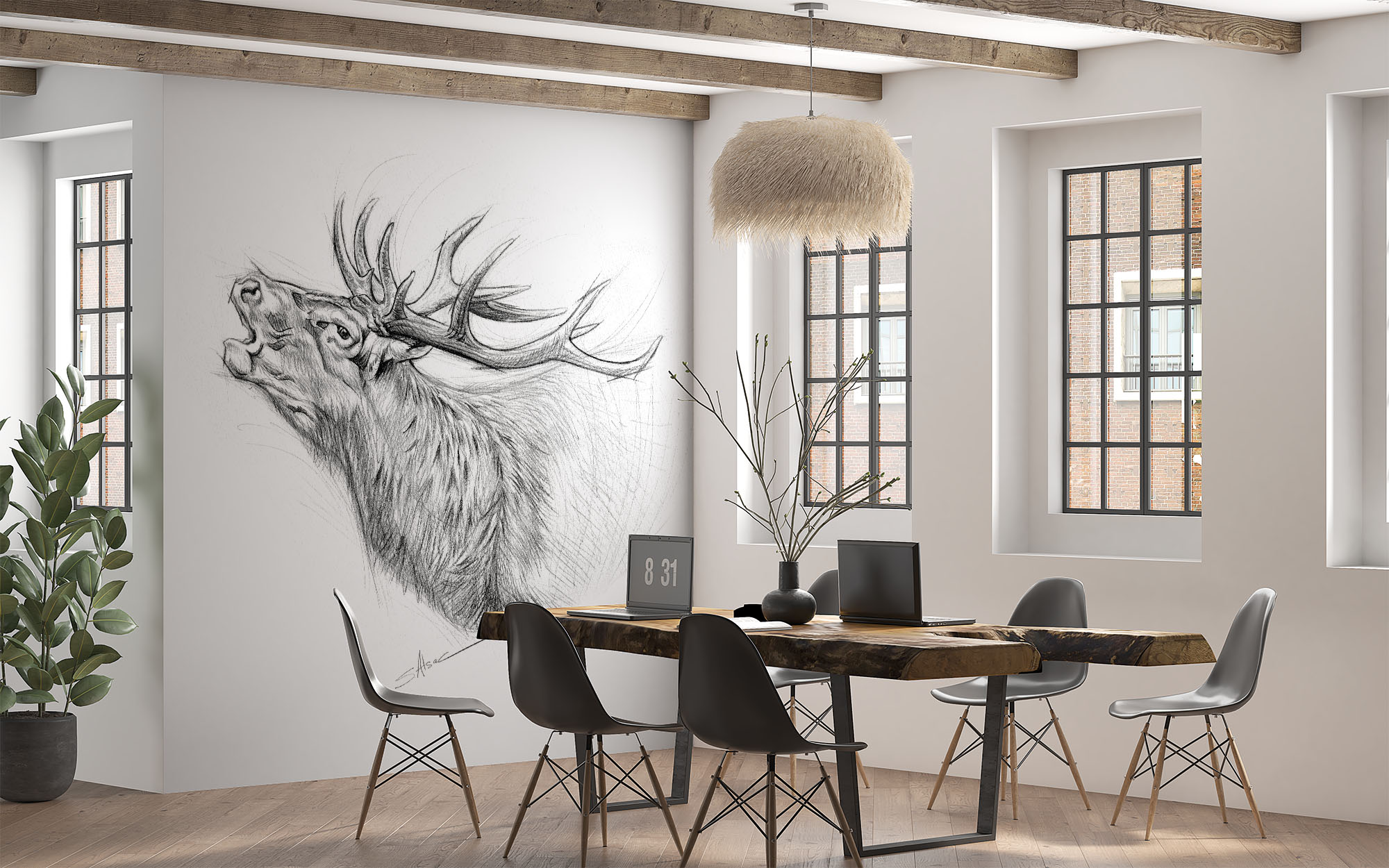deco-murals-wallpaper-panoramic-animals-forest-stag-hunt-sepia-monochrome