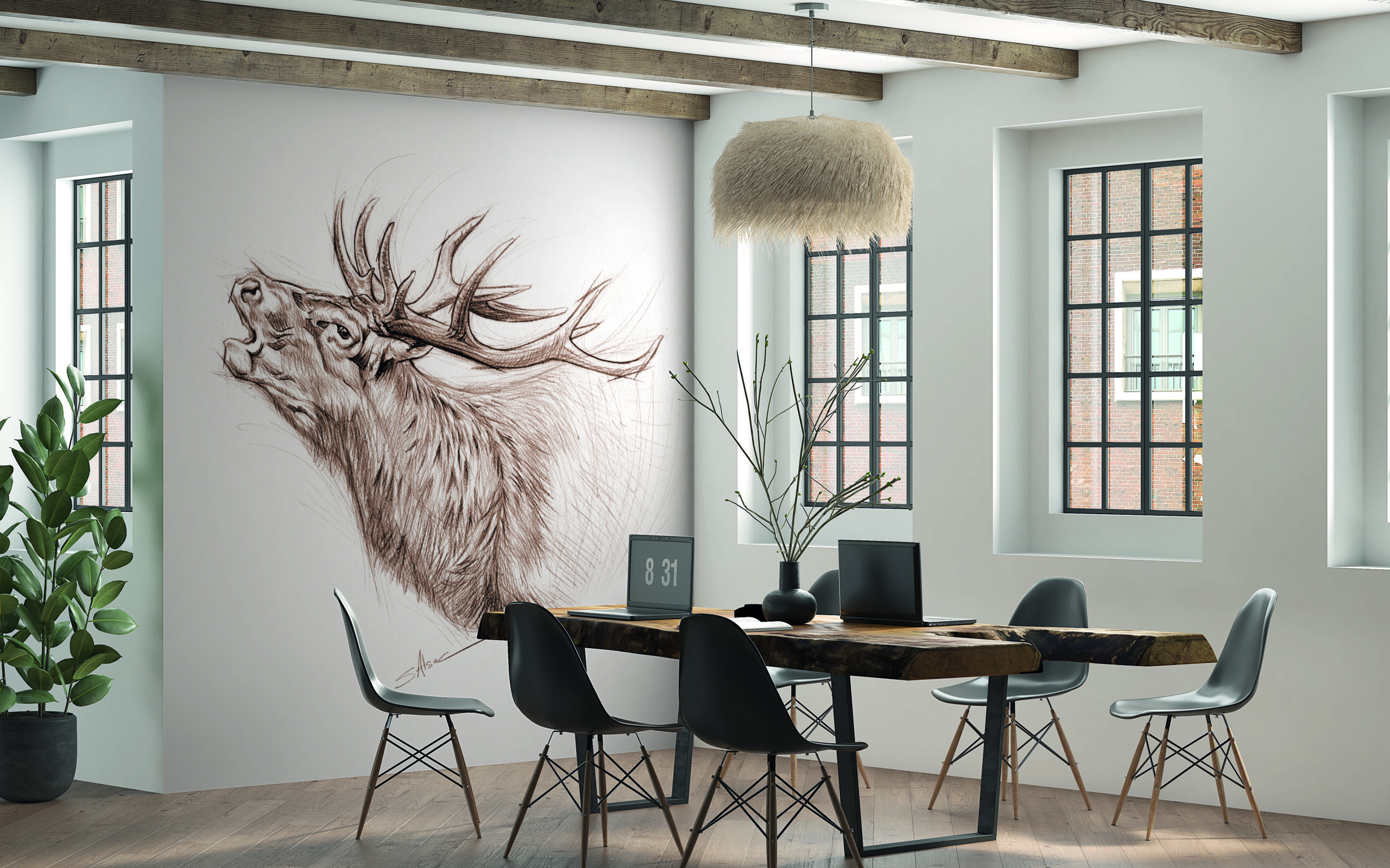 deco-murals-wallpaper-panoramic-animals-forest-stag-hunt-sepia