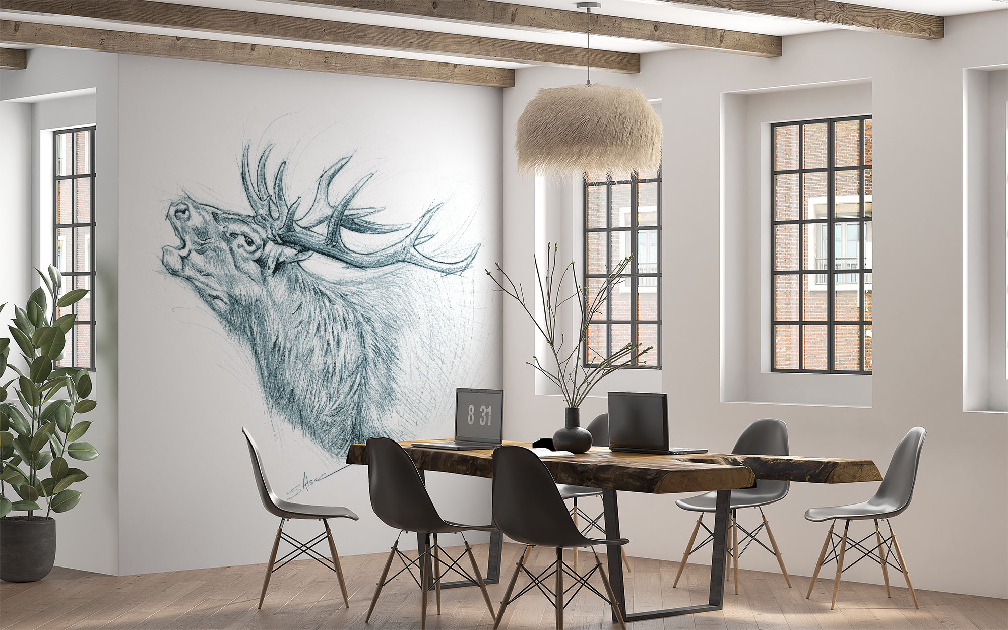 deco-murals-wallpaper-panoramic-animals-forest-stag-hunt-blue