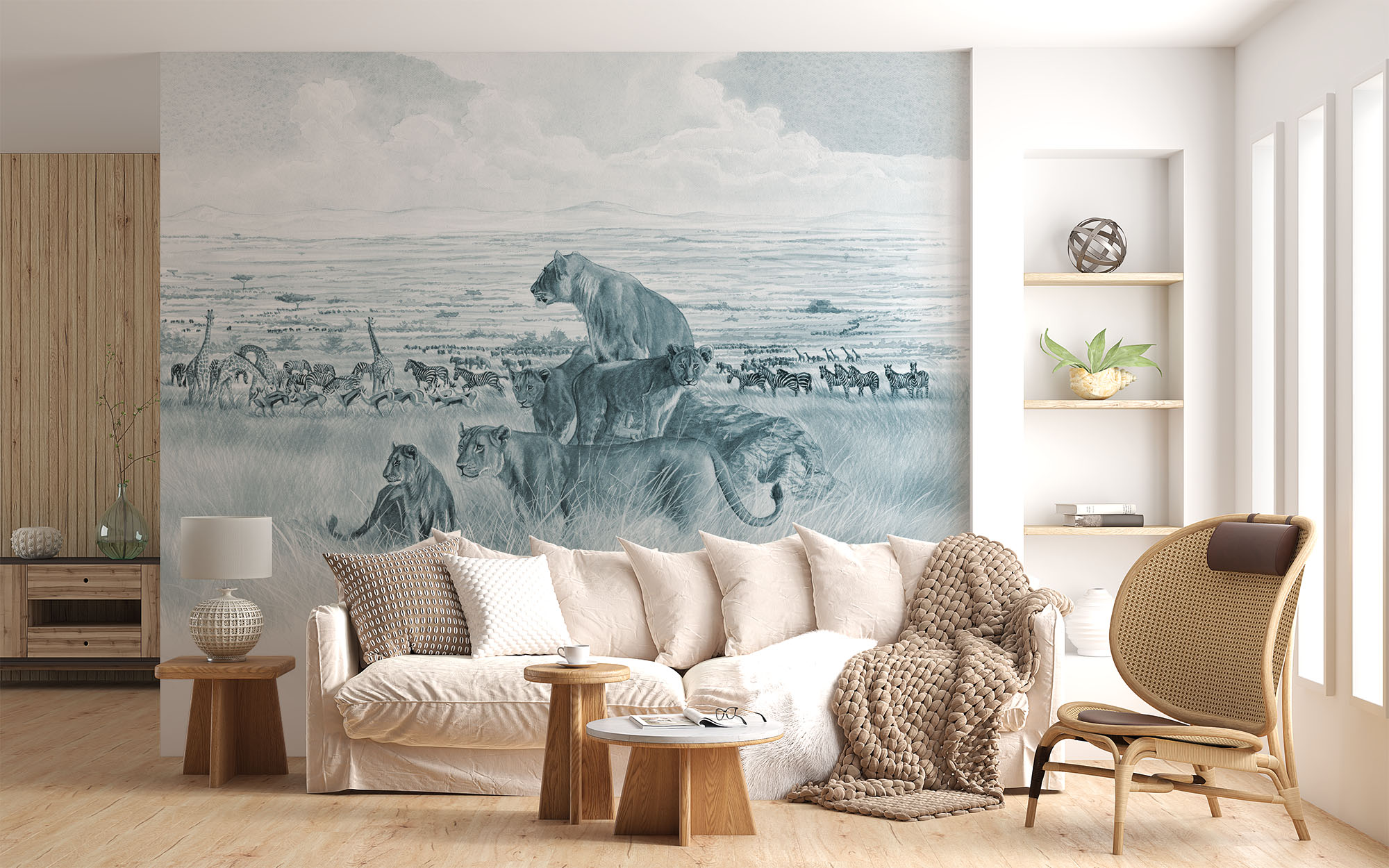 deco-murale-papier-peint-panoramique-animaux-savane-lions 3-bleu