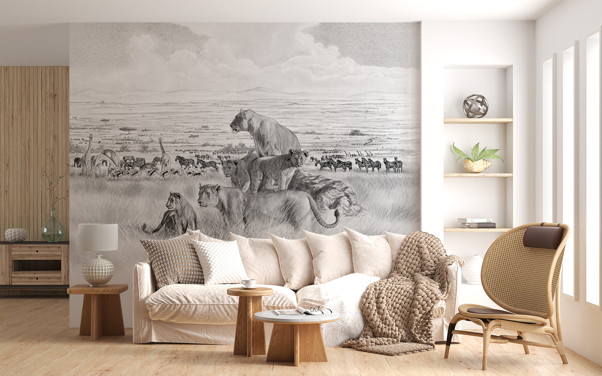 deco-murale-papier-peint-panoramique-animaux-savane-lions 3-monochrome