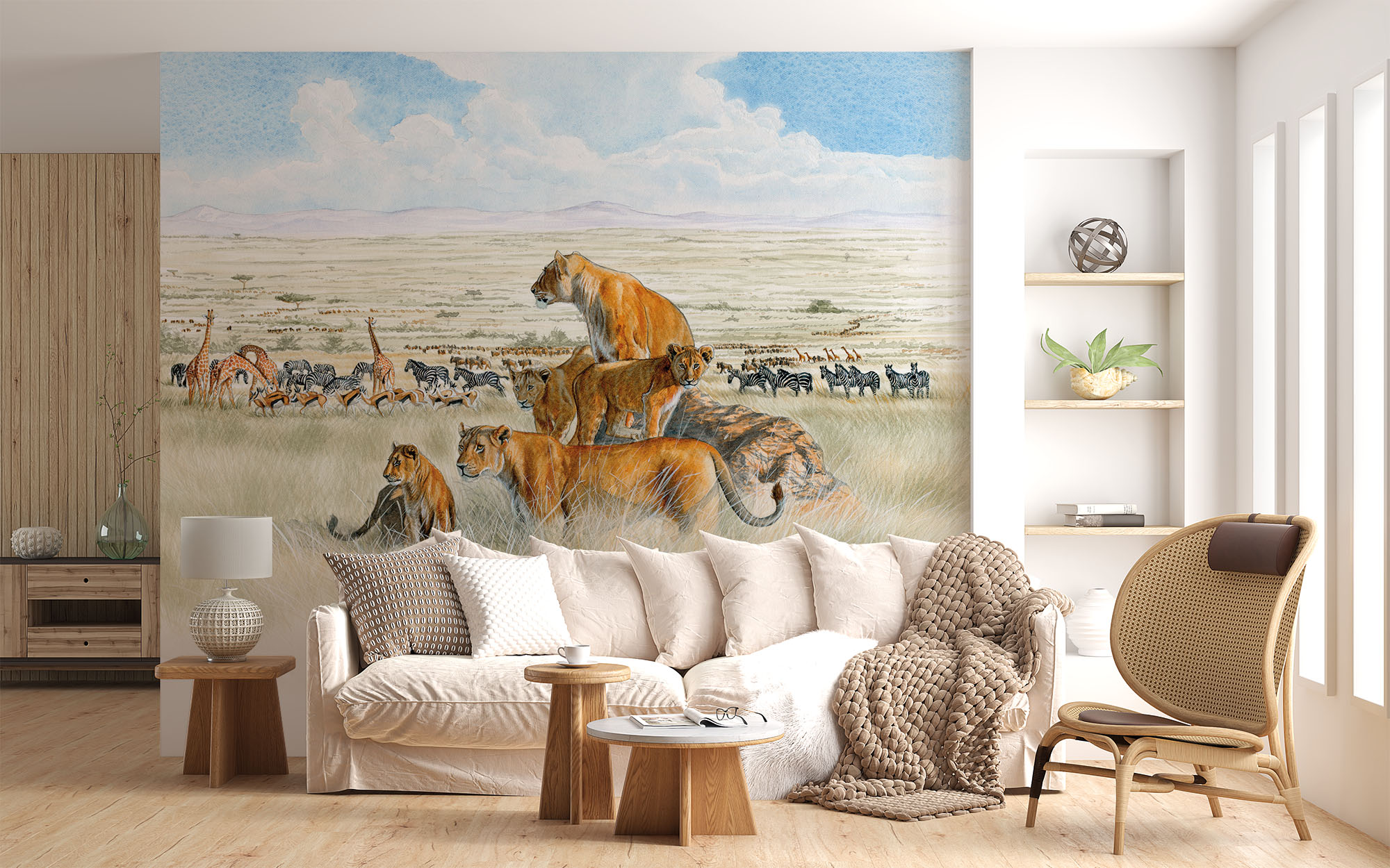deco-murale-papier-peint-panoramique-animaux-savane-lions 3-pastel