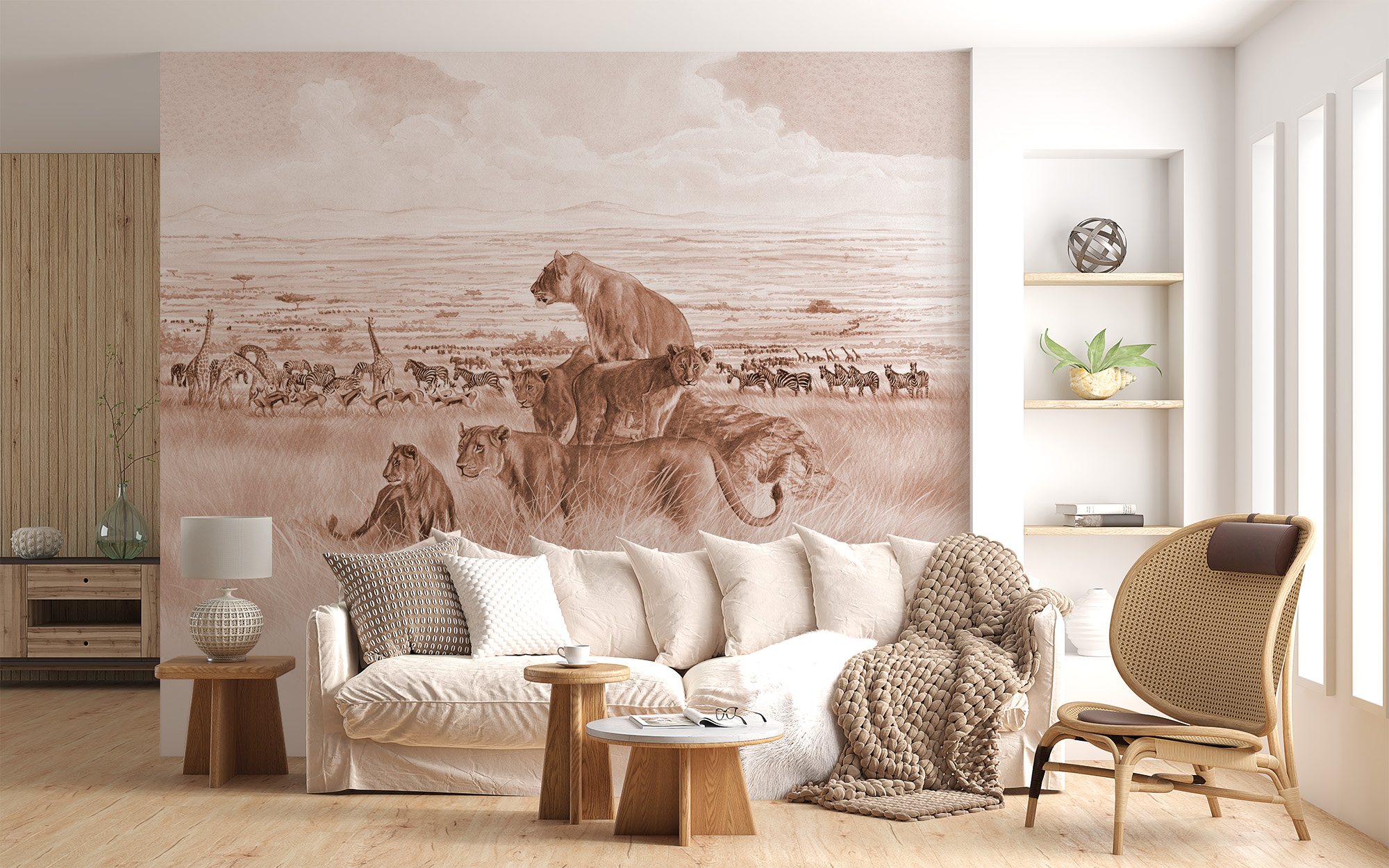 deco-murale-papier-peint-panoramique-animaux-savane-lions 3-sepia