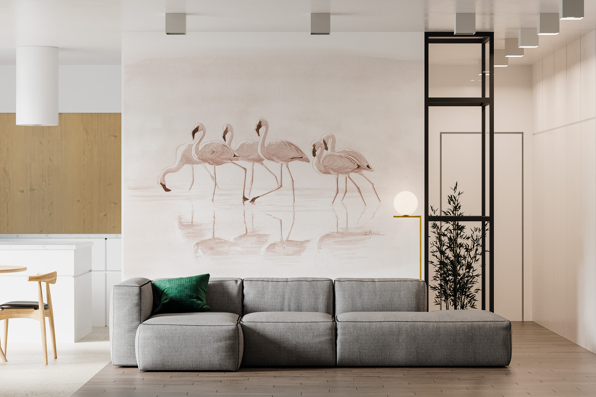 deco-murale-papier-peint-panoramique-oiseaux-flamands-roses-savane-sepia