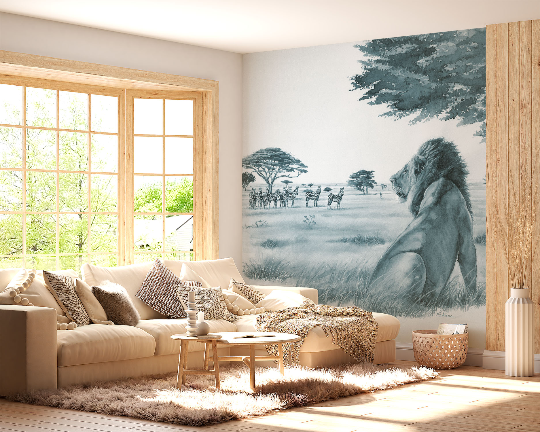 deco-murale-papier-peint-panoramique-savane-afrique-lion-zebre-bleu