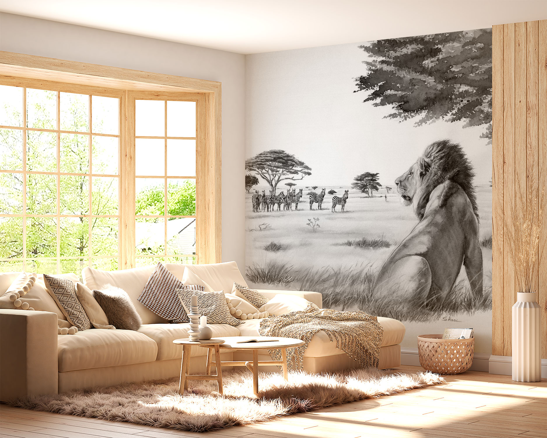 deco-murale-papier-peint-panoramique-savane-afrique-lion-zebre-monochrome