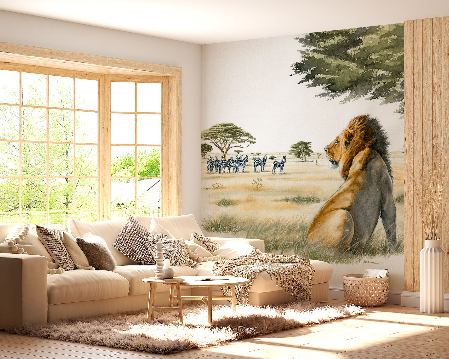 deco-murale-papier-peint-panoramique-savane-afrique-lion-zebre-pastel