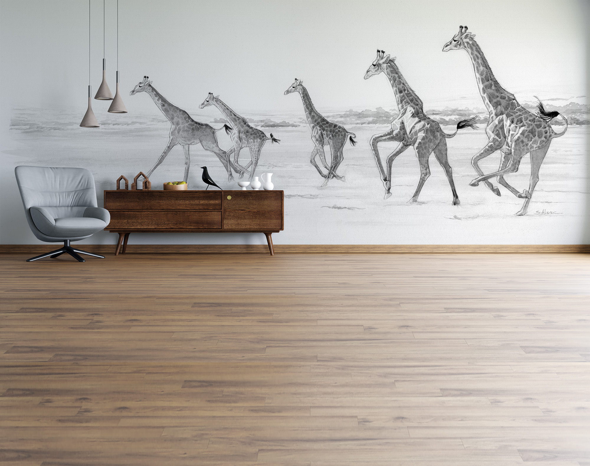 papier-peint-panoramique-girafes-savane-safari-afrique-monochrome