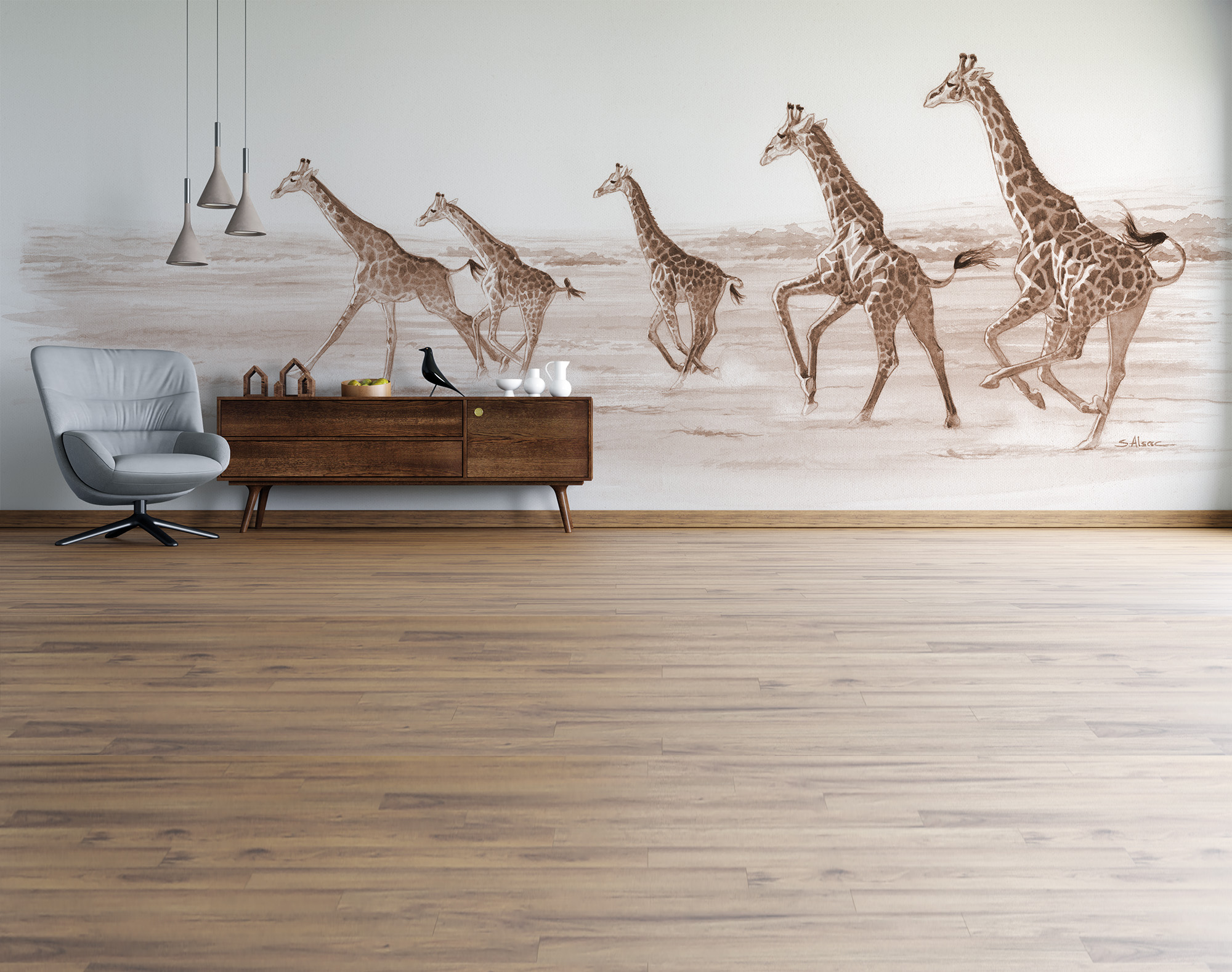 papier-peint-panoramique-girafes-savane-safari-afrique-sepia